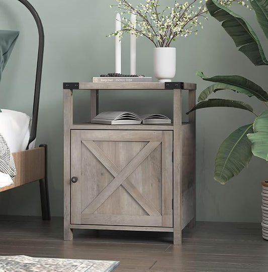 Farmhouse Nightstand Rustic End Table Side Table with Cabinet and Shelf, Wood Night Stand for Bedroom, Gray, 17.7 in