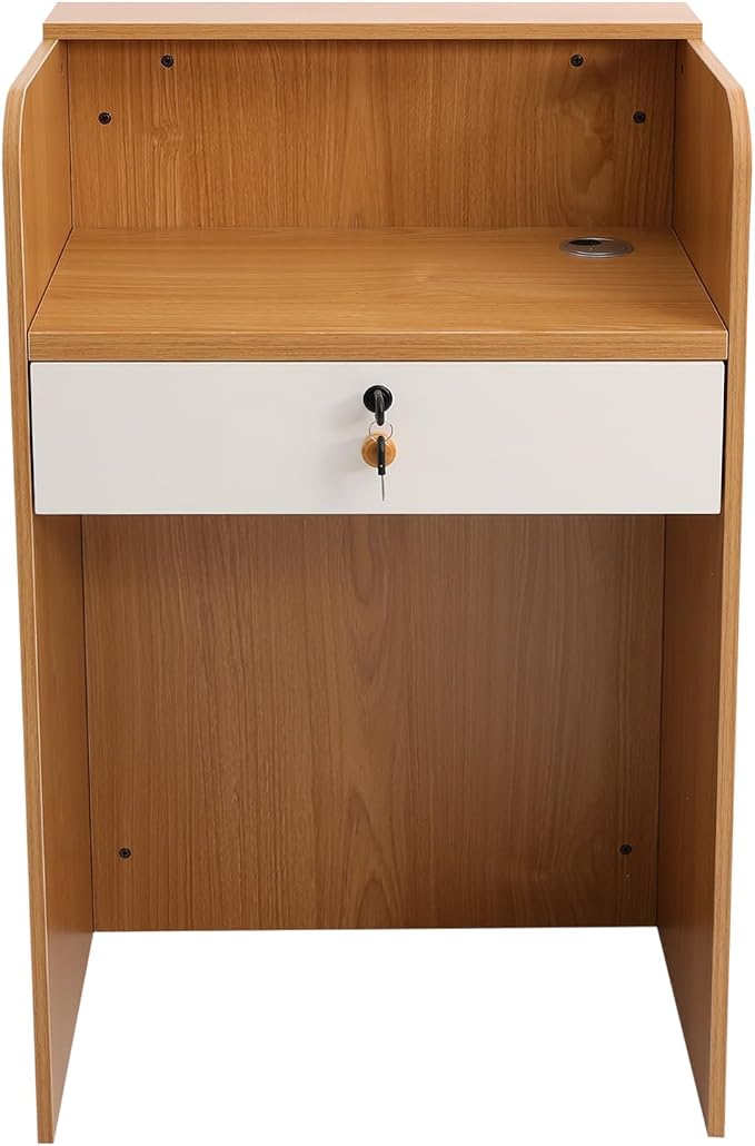 Reception Desk with Counter, Front Desk Reception Counter with LED Light & Lockable Drawer, Wooden Checkout Counter for Lobbies, Salons, Retail, Home Offices, Reception Room - Oak Color