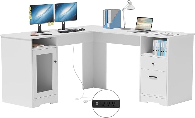 MU L Shaped Desk with File Cabinet, Corner Computer Desk with Storage Drawers, Large Home Office Table with Power Outlets, 60 Inch (White)
