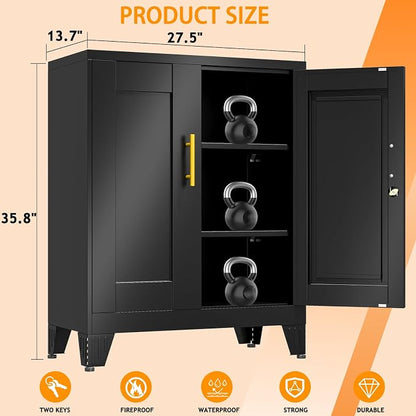 Metal Tool Storage Cabinet with Doors and Adjustable Shelves, Small Locking Garage Storage Cabinet, Black Steel Tool Cabinets with Leveling Feet for Garage, Basement, Office, Utility Room