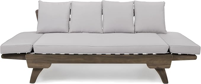 Christopher Knight Home Gary Patio Convertible Couch, Wooden Outdoor Daybed, 3-Seater Acacia Wood Patio Furniture Lounge Sofa for Backyard/Poolside/Garden, Back Pillow+Removable Cushion, Grey