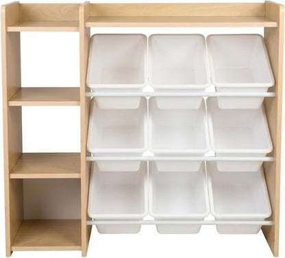 Humble Crew Toy Storage Organizer with Bookshelf, 9 Removable Storage Bins for Kids Playroom, Toy Organization and Storage, Solid Wood, Natural/White
