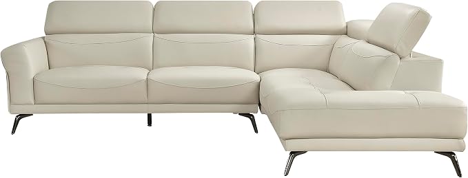 Lexicon L-Shaped Sectional Couch with Right Chaise, Top Grain Leather Match Sectional Sofa, Adjustable Headrests, Black Chrome Metal Legs, High-Density Cushions, Stitching, for Living Room, Beige