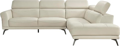 Lexicon L-Shaped Sectional Couch with Right Chaise, Top Grain Leather Match Sectional Sofa, Adjustable Headrests, Black Chrome Metal Legs, High-Density Cushions, Stitching, for Living Room, Beige