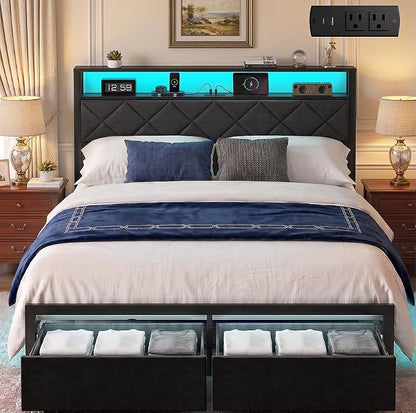 Full Bed Frame with LED Lights, Charging Station & 2 Storage Drawers, Metal Platform with Upholstered Headboard, No Box Spring Needed, Easy Assembly