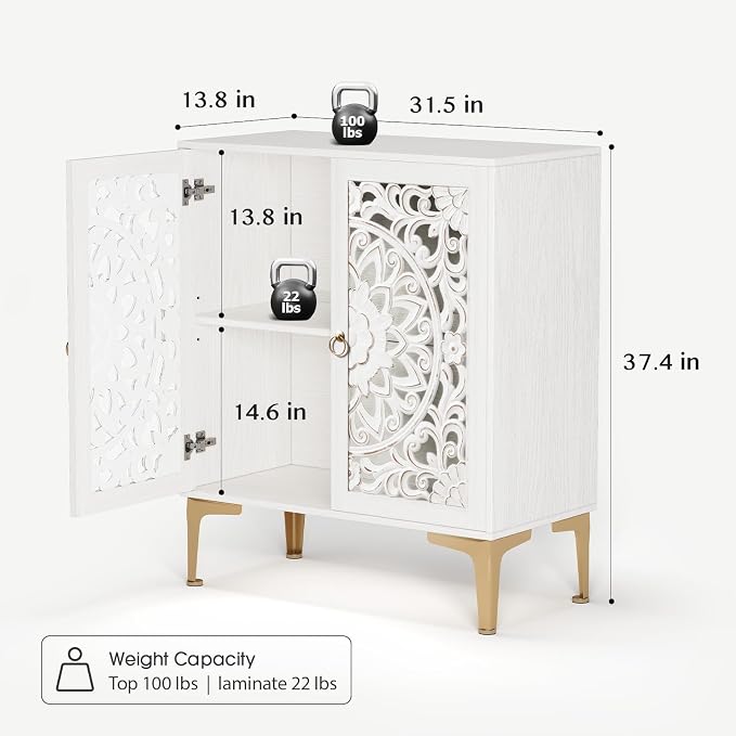 JOINICE 31.5" Accent Storage Cabinet with Carved Doors, White Boho Sideboard for Storage, Coffee Bar Cabinet & Entryway Table with Gold Legs, Decorative Buffet Cabinet for Dining Room, Living Room