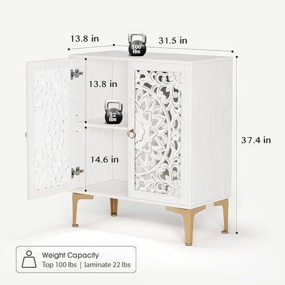 JOINICE 31.5" Accent Storage Cabinet with Carved Doors, White Boho Sideboard for Storage, Coffee Bar Cabinet & Entryway Table with Gold Legs, Decorative Buffet Cabinet for Dining Room, Living Room