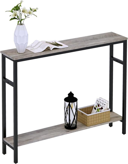 Timberer Narrow Console Table, 39.4” Sofa Table with Adjustable Shelf, 2-Tier Long Skinny Table for Hallway, Entryway, Living Room, Foyer, Grey