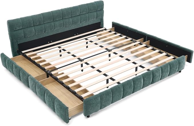 KEIKI King Thick Chenille Bed Frame with 4 Storage Drawer & Upholstered Tufted Headboard, Modern Solid Wood Floor Platform for Bedroom, No Box Spring Needed