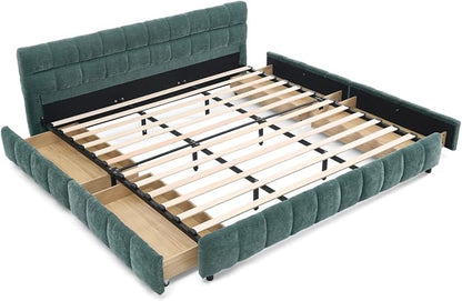 KEIKI King Thick Chenille Bed Frame with 4 Storage Drawer & Upholstered Tufted Headboard, Modern Solid Wood Floor Platform for Bedroom, No Box Spring Needed
