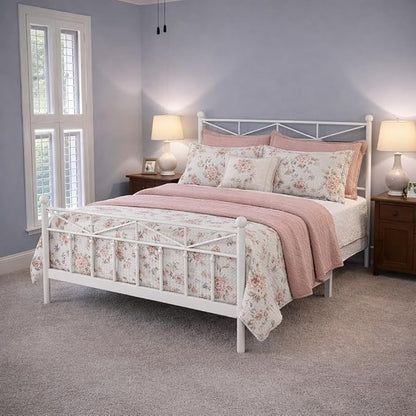 EnHomee 14.2" Metal Twin Bed Frames with Tall Headboard & Footboard, LED Light Twin Bed Frame, Strong Slats Support and Noise-Free Design with Under Bed Storage/No Box Spring Needed/White