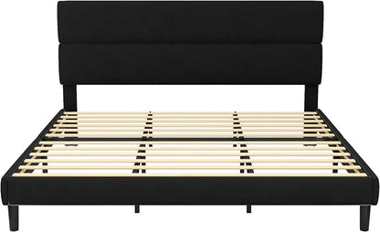 GRUSIGN King Size Platform Bed Frame with Velvet Headboard, Adjustable Height Wooden Slats Support, Upholstered Mattress Foundation, Fits Mattress or Mattress with Box Spring, Easy Assembly, Black