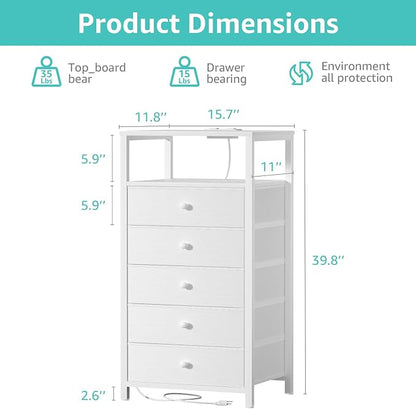 BOLUO White Dresser with 5 Drawers Tall Nightstand with Charging Station and LED Light, Bedside Table Room Storage Drawers Closet