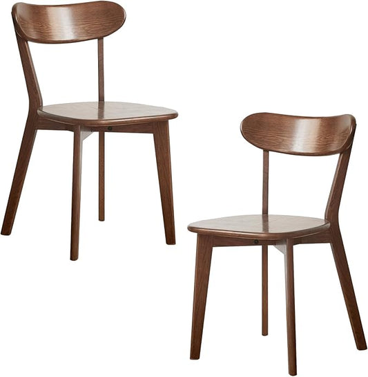 Solid Oak Walnut Dining Chairs Set of 2, Mid Century Modern Armless & Curved Back, Heavy Duty 400 lb Capacity, Easy Assembly for Small Kitchen, Dining Room, or Apartment