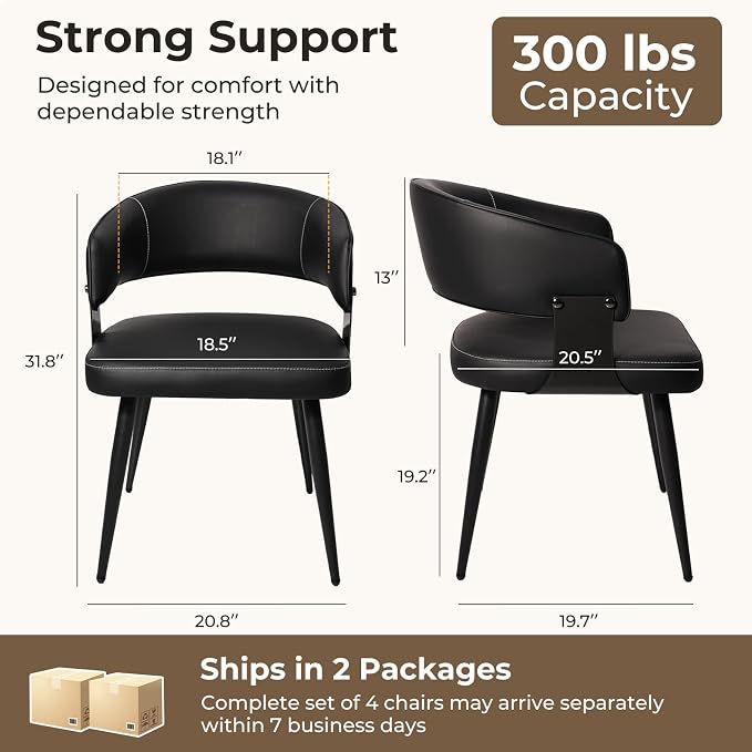 Dining Chairs Set of 4, Modern Upholstered Faux Leather Kitchen Chairs with Curved Back, Easy to Assemble & Clean for Dining Room, Restaurant, Cafe, Black