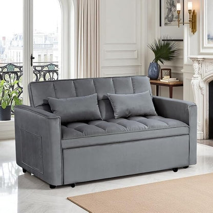 3 in 1 Convertible Sofa Bed, Love Seat Sleeper Bed with Side Pockets, Velvet Fabric Pull Out Couch with Adjustable Backrest for Living Room, Bedroom, Gray Apartment, Gray