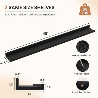 Dreamland Picture Ledge Shelf for Wall, Floating Shelves Set of 2, 48 Inch Long Floating Shelves with Lip for Living Room, Bedroom, Bathroom, Kitchen, Black