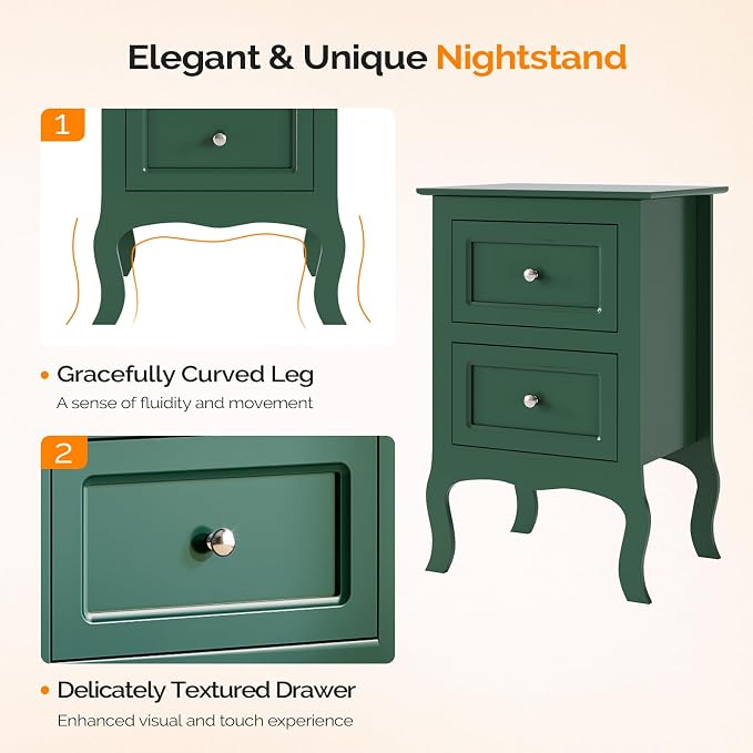 Bonnlo Green Nightstand with Drawers for Bedroom, Green Night Stand Bedside Table for Small Spaces, Kids Room, Living Room, Dorm, French, 15.75" W x 11.8" D x 23.6" H
