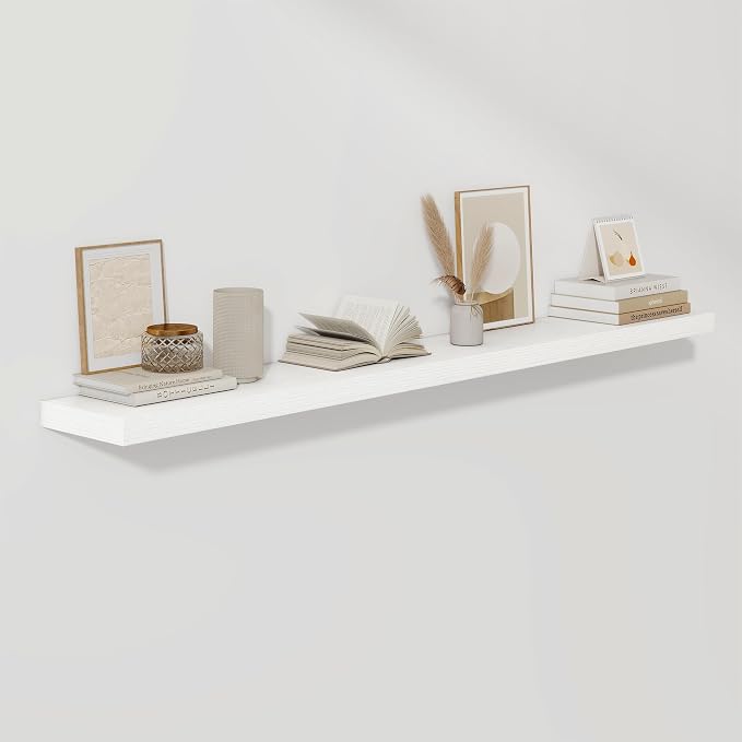 Fun Memories 66 Inch Fireplace Mantel Shelf with Invisible Bracket, 8 Inch Deep Floating Shelf for Living Room, Kitchen, Farmhouse, White