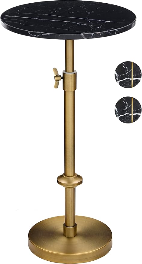 Adjustable-Height Marble Drink Table - 12x12x22-30, Black Marble & Antique Brass, Modern Round End Table, Side Table with Pedestal Stand for Small Spaces, Vintage Metal Martini Cocktail Accent