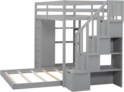 Ball & Cast Twin Over Full Bunk Bed with Safty Guardrail & Storage Stairs,Wood Bedframe W/ 3-Layer Shelves & Drawers,Easy Assembly,Space Saving,Compact Bedroom Furniture Set for Boy Girl Teens,Gray