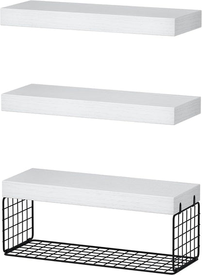 QEEIG Bathroom Shelves Over Toilet - Wall Mounted Floating Shelves Toilet Paper Storage Small Farmhouse Decor Shelf 16 inch Set of 3, White and Black (019-WB3)