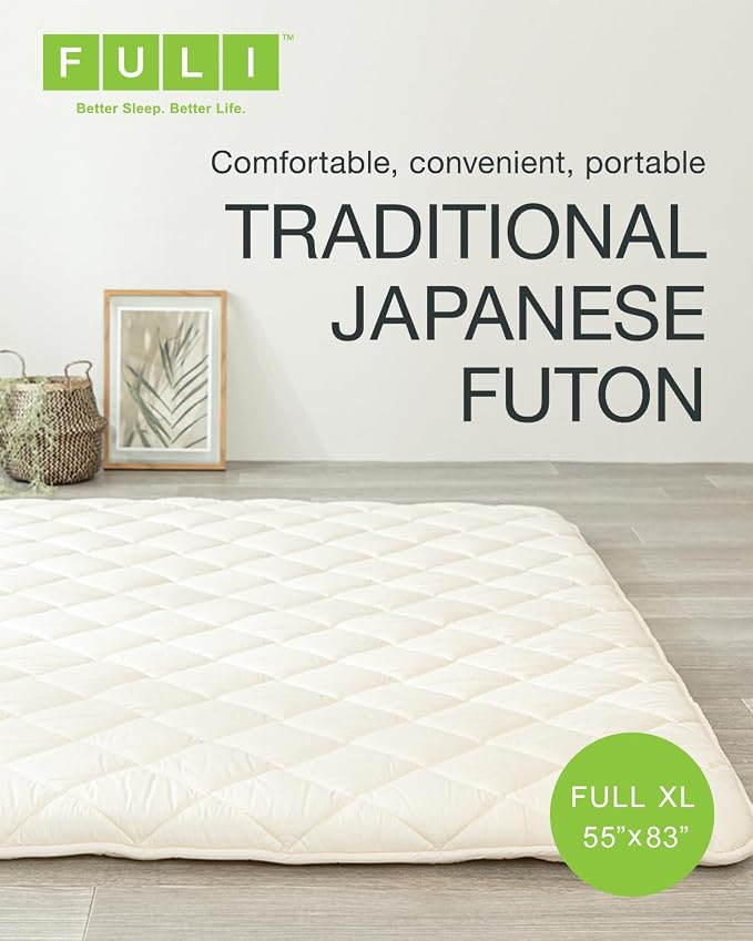 FULI Japanese Futon, Full XL Size, White - Foldable Shikibuton Floor Bed - Medium Firm Quilted Cotton Sleeping Pad, Portable Roll-Up Japanese Floor Bed for Guests & Small Spaces