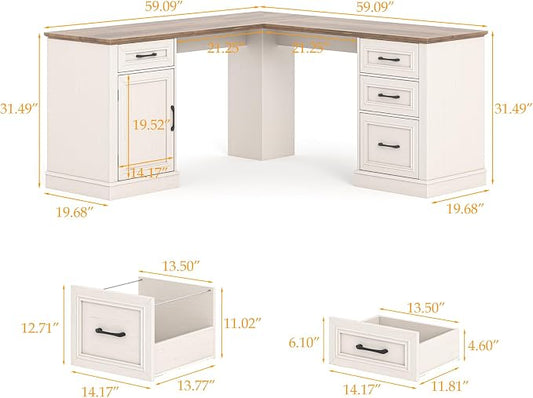 Vabches Farmhouse 59" L-Shaped Executive Desk with Drawers, Wood Home Office Corner Desk with File Drawer, Storage Cabinet, Rustic Computer Writing Desk for Home Office (Unique White)