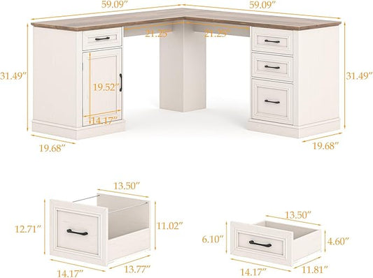Halitaa Farmhouse 59" L-Shaped Executive Desk with Drawers, Wood Home Office Corner Desk with File Drawer, Storage Cabinet, Rustic Computer Writing Desk for Home Office.White-Brown