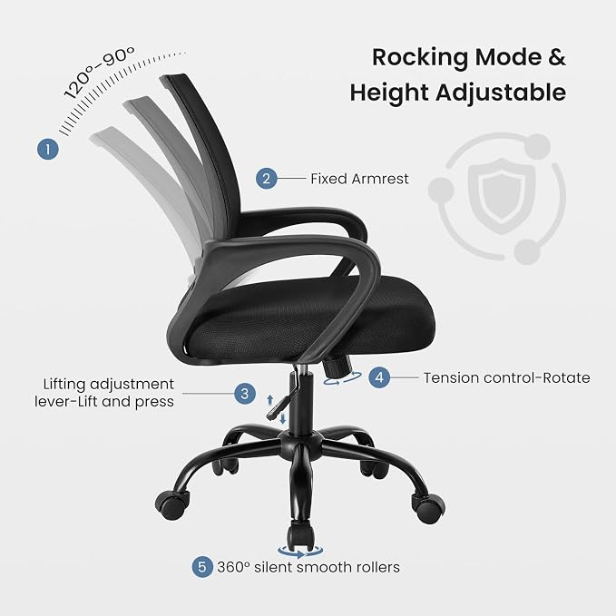 OLIXIS Office Desk Chair - Ergonomic Mid Back with Lumbar Support & Rocking Mode, Height Adjustable with Fixed Armrest, Storage Back for Computer, Gaming, Conference, Meeting, 360° Swivel, Black