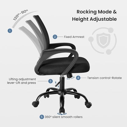 OLIXIS Office Desk Chair - Ergonomic Mid Back with Lumbar Support & Rocking Mode, Height Adjustable with Fixed Armrest, Storage Back for Computer, Gaming, Conference, Meeting, 360° Swivel, Black