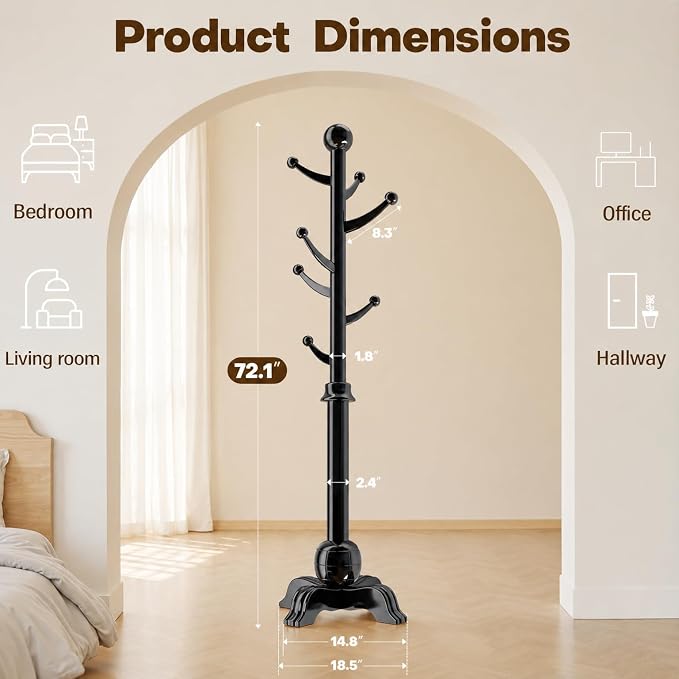 Hall Tree, Freestanding Wood Tree Rack with 7 Hooks, Coat Rack with Stable Sphere Base, Wooden Coat Rack Stand, Load 210 lb, Coat Hanger Stand for Entryway, Hallway, Bedroom (Black)