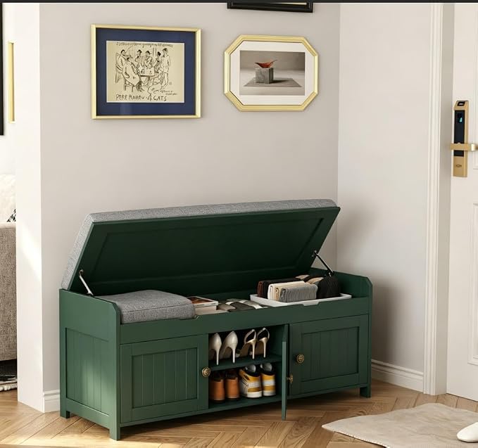 HOMEFORT 41.3" Shoe Bench with Lift Top Storage, Entryway Bench with Cushioned Seat, Wooden End of Bed Bench, Shoe Cabinet Bench with Hidden Storage Space, for Bedroom, Hallway,Green