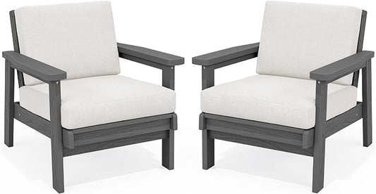 SERWALL HDPE Outdoor Couch Set of 2, All-Weather Wood-Like Patio Furniture Set, Outdoor Sofa Chairs with Khaki Cushions