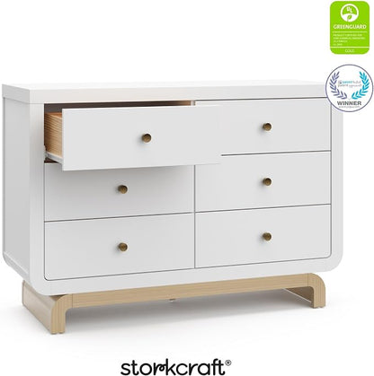 Storkcraft Santorini 6 Drawer Double Dresser (White with Driftwood) - GREENGUARD Gold Certified, Interlocking Drawer System, Dresser Drawer Organizer for Kids Bedroom