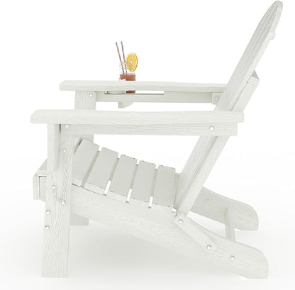 Garvee Folding Adirondack Chair Set of 4, HDPE Outdoor Patio Chair with Cup Holder, All Weather Resistent Wooden Textured for patios, Decks, Gardens, fire Pit, White