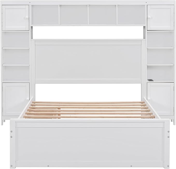 Merax Full Size Wooden Bed with All-in-One Cabinet, White Platform Bed Frame with 2 Drawers, Trundle and Sockets