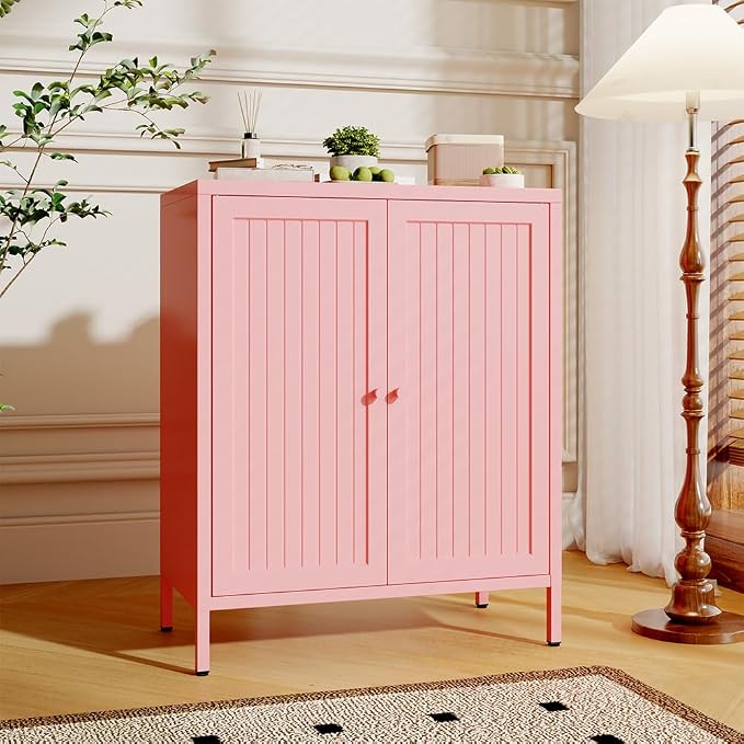 Metal Accent Storage Cabinet for Home,LivingRoom, Office,Kitchen- Metal Locker Cabinet with 1 Adjustable Shelves-Bathroom Floor Storage Cabinet Freestanding Organizer(Stripe Door, Pink)