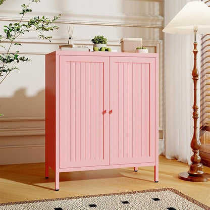 Metal Accent Storage Cabinet for Home,LivingRoom, Office,Kitchen- Metal Locker Cabinet with 1 Adjustable Shelves-Bathroom Floor Storage Cabinet Freestanding Organizer(Stripe Door, Pink)