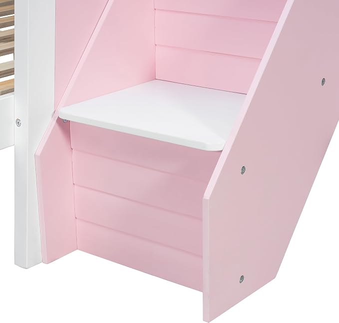 Wood Bunk Bed Twin Over Full with Staircase and Side Shelves | Striped-Design Staircase, Built-In Light Strip, Space-Saving Design, Kids Teens Adults, Versatile Bed Frame