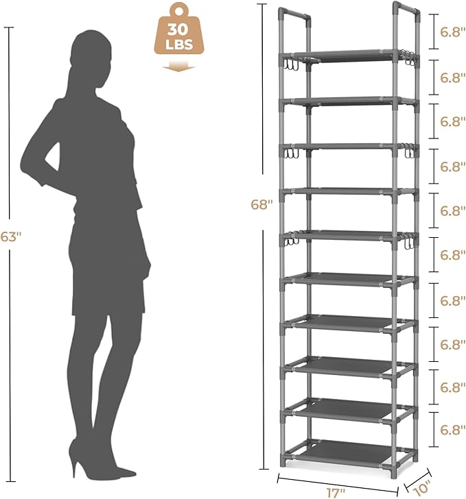 VTRIN 10 Tiers Tall Shoe Rack Holds 20-25 Pairs of Shoes Sturdy Vertical Shoe Organizer with 18pcs Hooks Stackable Narrow Shoe Rack for Closet, Entryway Grey
