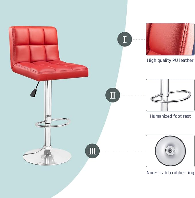 Furniwell Bar Stools Modern Pu Leather Swivel Adjustable Barstools Armless Counter Height Swivel Bar Stool Synthetic Leather Height Square Barstool with Set of 2 (Red)