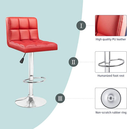 Furniwell Bar Stools Modern Pu Leather Swivel Adjustable Barstools Armless Counter Height Swivel Bar Stool Synthetic Leather Height Square Barstool with Set of 2 (Red)
