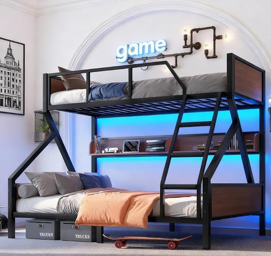 Bellemave Bunk Bed Twin XL Over Queen with LED, Heavy Duty Metal Bunk BedFrame with Storage Shelves and Lights, Black