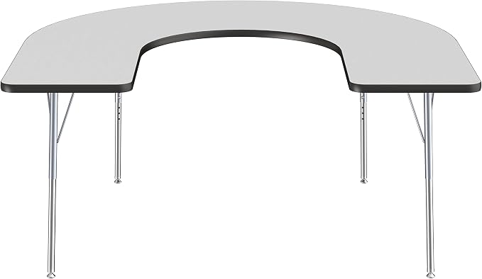 FDP Horseshoe Activity School and Office Table (60 x 66 inch), Standard Legs with Swivel Glides, Adjustable Height 19-30 inches - Gray Top, Black Edge, Silver Legs