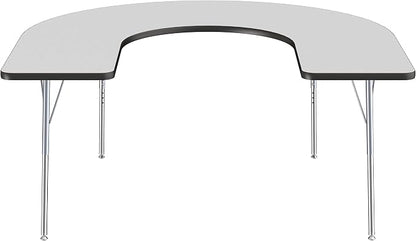 FDP Horseshoe Activity School and Office Table (60 x 66 inch), Standard Legs with Swivel Glides, Adjustable Height 19-30 inches - Gray Top, Black Edge, Silver Legs
