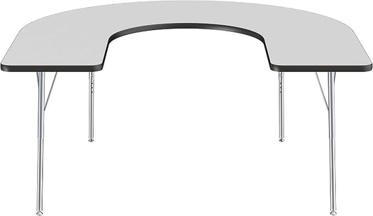 FDP Horseshoe Activity School and Office Table (60 x 66 inch), Standard Legs with Swivel Glides, Adjustable Height 19-30 inches - Gray Top, Black Edge, Silver Legs