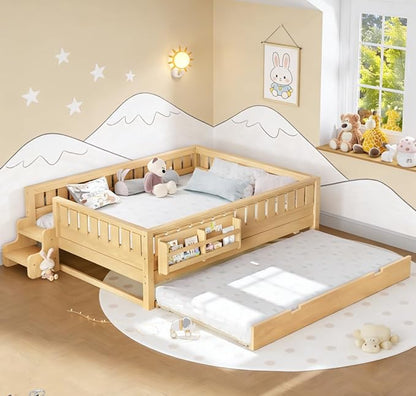 Bellemave Queen Size Kids Bed with high Rails and with Built-in Bookshelf and Trundle for Kids, Girls, Boys, Wood Montessori Bed Without Door, Light Natural