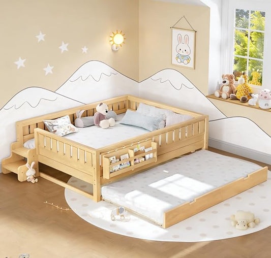 Bellemave Queen Size Kids Bed with high Rails and with Built-in Bookshelf and Trundle for Kids, Girls, Boys, Wood Montessori Bed Without Door, Light Natural
