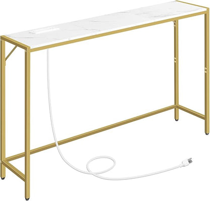 MAHANCRIS Console Table, Narrow Sofa Table, 43.7” Entrance Table with Power Station, Behind Couch Table, Simple Style, for Living Room, Hallway, Entryway, Foyer, Marble and Gold CTJM112E01